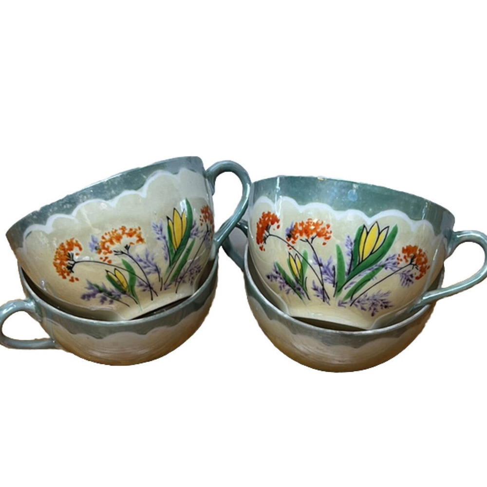 Vintage Lusterware Iridescent Teacups Yellow Orange Floral Hand Painted Japan 4